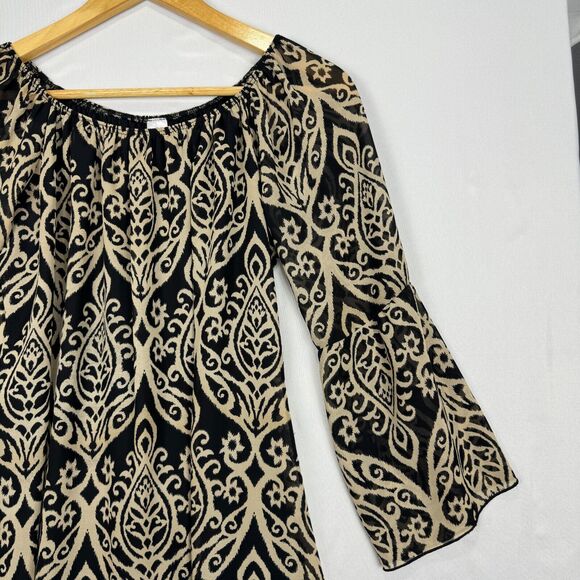 2B Together Sheer Bell Sleeve Tunic Dress Black Tan Women Size Small Long Sleeve - Picture 6 of 11